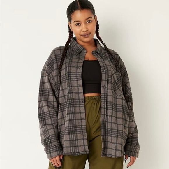 Victoria Secret PINK Plaid Flannel Long Sleeve Fleece Shacket Oversized Size S - Picture 8 of 8